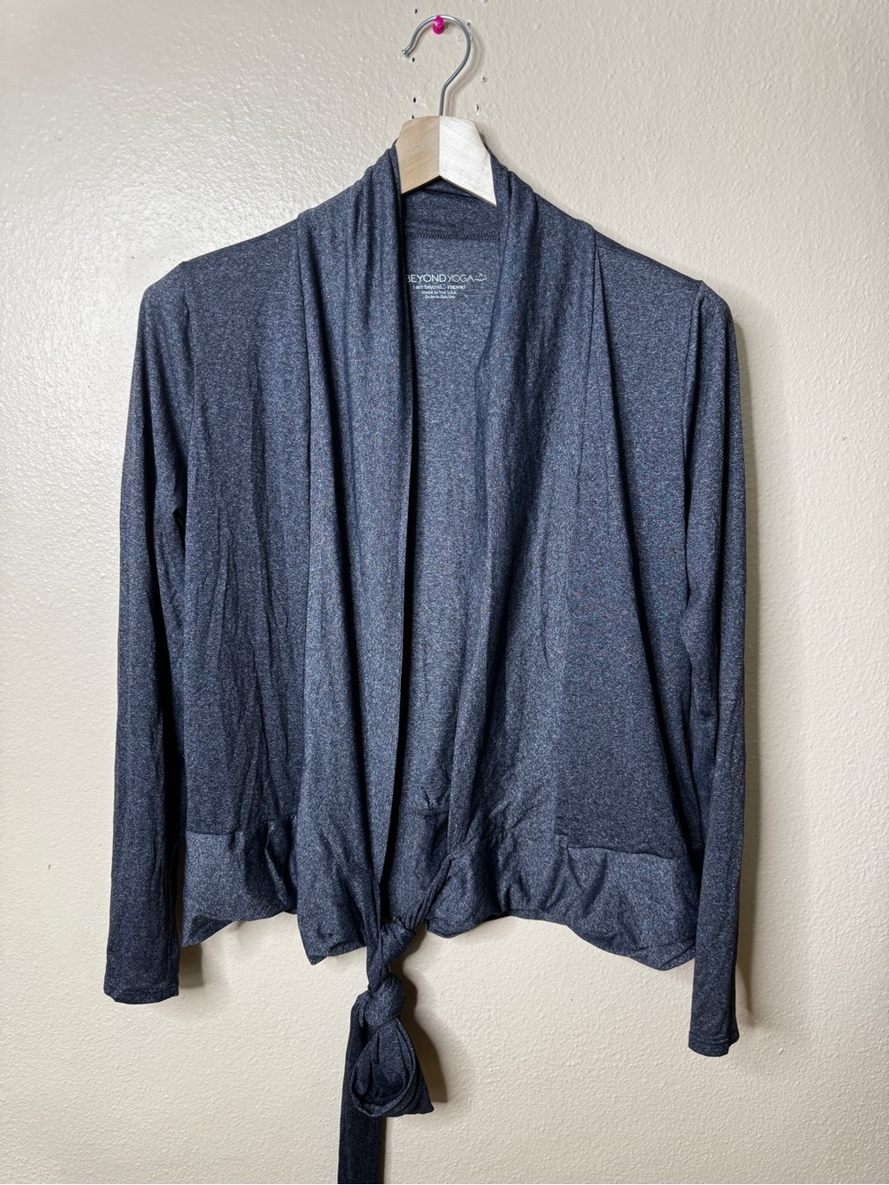 Beyond Yoga Womens M Gray Tie Front Wrap Cardigan Ruffle Hem Made USA